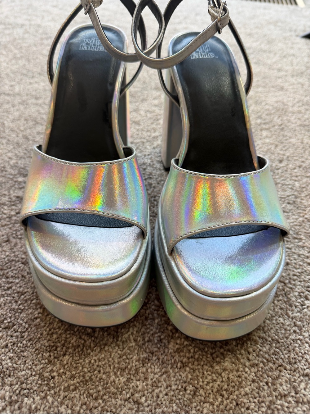 wild fable Iridescent Silver Metallic Holographic Platform Heel Sandals Y2K - Picture 3 of 13